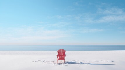 a red chair on a snowy beach with no one else. Generative AI