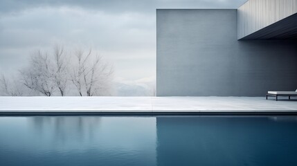 a minimalist swimming pool with trees in cloudy weather against a white background. Generative AI
