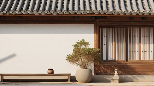 a traditional Korean house with benche, tree, pot, and sculpture. Generative AI