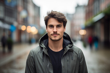 Fototapeta premium Generative ai technology portrait of attractive young man outdoors town city streets