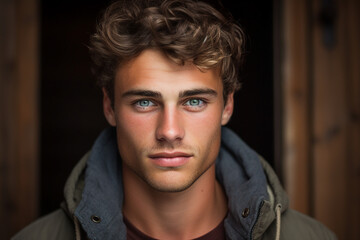 Fototapeta premium Generative ai technology portrait of attractive young man outdoors town city streets