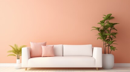 Modern-looking living room wall background mockup with sofa, pink cushion, pot and wood. Generative AI