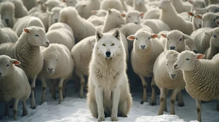 Fototapeten The wolf stands among the sheep, the alpha leader, subordination, power, generative ai © pawczar