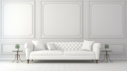 An antique wall background mockup with white sofas, small tables and pots. Generative AI