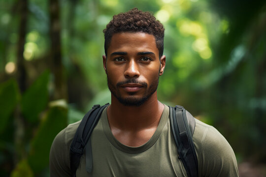 Generative AI image of handsome guy walking in green rainforest exploring nature
