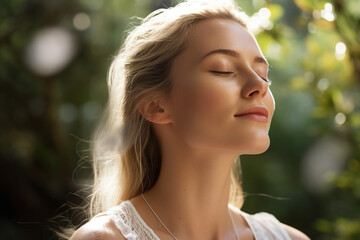 Naklejka premium Mindfulness stress releasing concept young woman practicing meditation close with nature Generative AI portrait