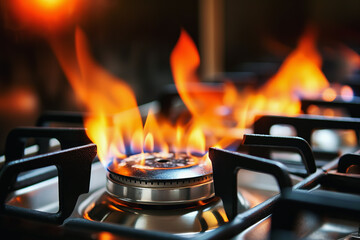 Close up of gas burning on modern kitchen in background of gas stove and blue or orange gas flame on hab.  Abstract concept of Fire and equipment. - obrazy, fototapety, plakaty