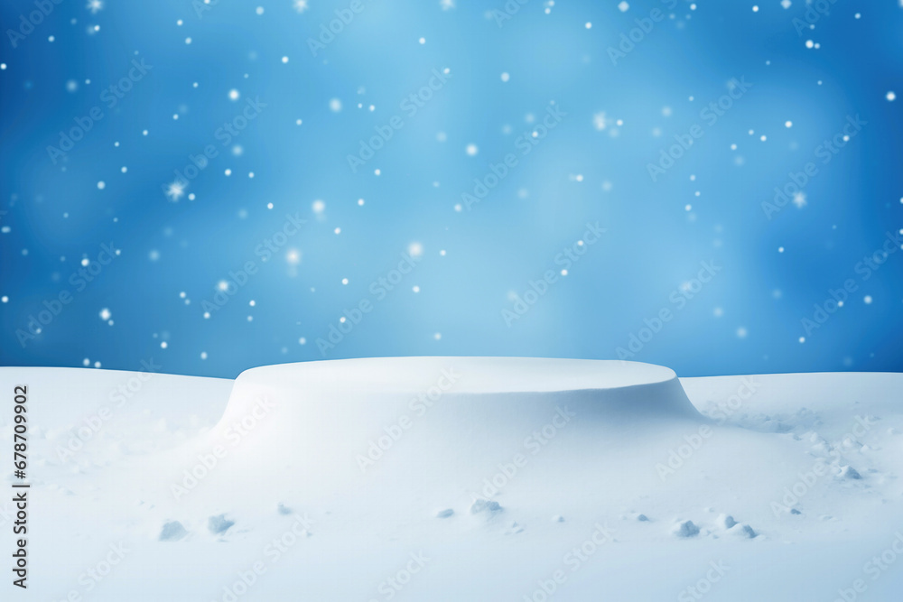 Aufkleber empty round pedestal on the snow field with winter background and falling snowflakes. high quality p