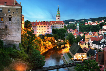 Cesky Krumlov with castle, old town and church at dramatic mist, Czech Republic