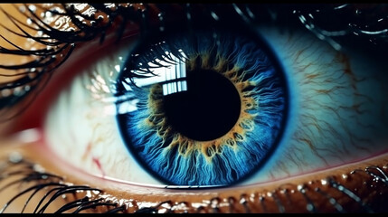 a human eye, with a reflection of a complex data visualization in the iris. The data visualization represents the future predictions made by an AI created with Generative Ai