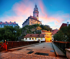 Cesky Krumlov historical old town at dramatic sunset, Southern Bohemia, Czech Republic