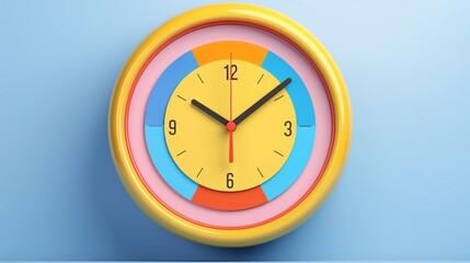 a yellow clock with a colorful face on a blue background
