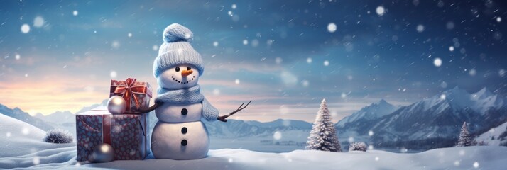 Winter holiday Christmas background banner - Closeup of cute funny laughing snowman with hat on snow background, gift boxes