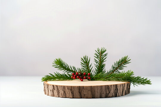 Wooden podium with fir branches and holly berries on a white background. High quality photo