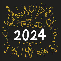 Fototapeta na wymiar Happy New Year 2024, sketch and doodle illustration 