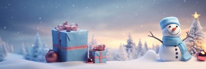Cute smile snowman with gift for marry christmas and new year festival banner with copy space, X mas greeting and wishes and advertising banner on snow background