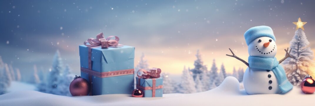 Cute smile snowman with gift for marry christmas and new year festival banner with copy space, X mas greeting and wishes and advertising banner on snow background