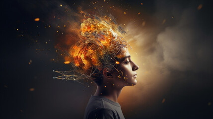 person in the mind with fire blowing