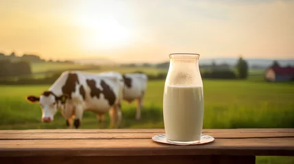 Foto op Plexiglas A fresh, nonhomogenized glass of milk prominently displaying a rich, creamy top layer, indicative of highquality, ecofriendly dairy farming practices. © TensorSpark