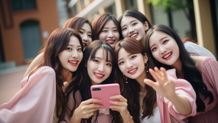 Asian University beautiful women’s gang in pink dress, taking selfie 