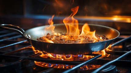 steel frying pan on a gas stove burns with food with an open flame. The process of flambéing a dish. Concept: fire hazard - obrazy, fototapety, plakaty