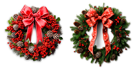 Fototapeta na wymiar Set of two beautiful isolated Christmas wreath with red berries and a bow with no background
