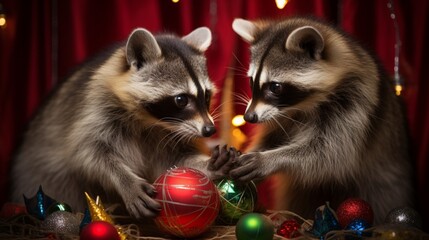 Fototapeta na wymiar A pair of inquisitive raccoons carefully inspect a colorful Christmas ornament, captivated by its festive allure.