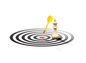 Yellow dart hit on the center of the target with white chess king stand on the target floor,...