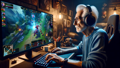 Senior man playing videogames, illuminated by the computer screen