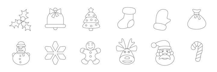 Outline Christmas Icons, Emoticons Set. Holly, Christmas Bell, Christmas Tree, Santa Claus Stocking, Mitten, Gift Bag, Snowman, Snowflake, Deer, Santa Claus, Gingerbread Man, Candy Cane. Vector