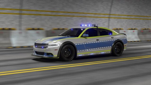 European Police Car with Flashing Emergency LED Lights is Driving through the Tunnel