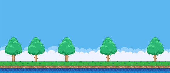 8bit colorful simple vector pixel art horizontal illustration of cartoon deciduous forest near the water in retro video game platformer level style