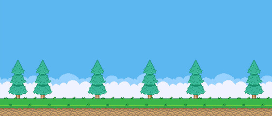 8bit colorful simple vector pixel art horizontal illustration of cartoon coniferous forest  in retro platformer video game level style