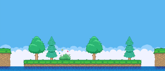 8bit colorful simple vector pixel art horizontal illustration of cartoon island with bush, spruce and deciduous trees in retro video game platformer level style