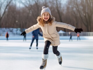 A young girl ice skating joyfully, with a big smile, wearing a warm beige coat, winter hat, and black gloves, young woman skating outdoors