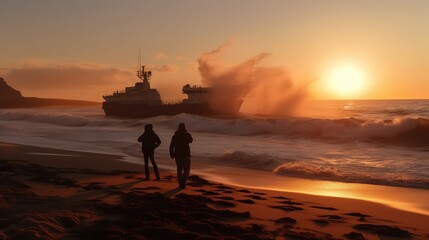 Two observers on a beach watch a ship near the shore as large waves break at sunset, creating a dramatic scene.