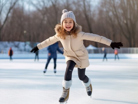 A young girl ice skating joyfully, with a big smile, wearing a warm beige coat, winter hat, and black gloves, young woman skating outdoors