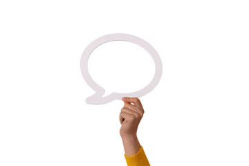 hand holding dialogue bubble isolated on transparent background