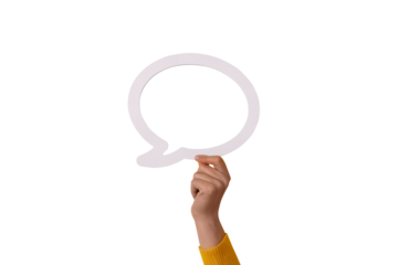 hand holding dialogue bubble isolated on transparent background