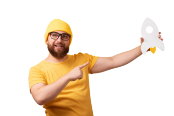 guy with rocket isolated on transparent background, startup concept