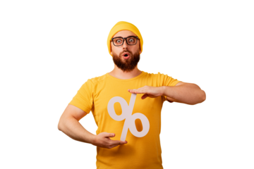 shocked man hold 3d percentage sign isolated on transparent background, discounts with high interest