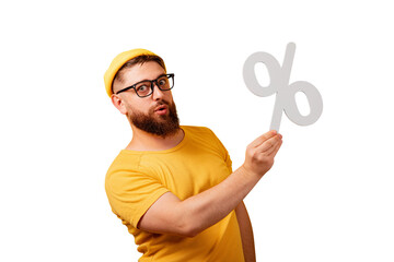 man hold percentage symbol isolated on transparent background