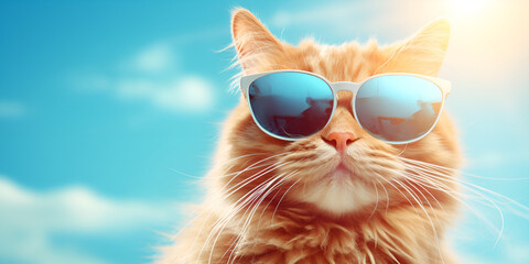 Hello Sunday Delight,portrait of a cat, Cute cat wearing sunglasses on the background of the sea and sky,AI Generative 