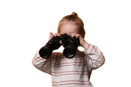 little girl looking through binoculars isolated on transparent background - Powered by Adobe