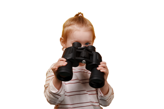 little girl looking into binoculars isolated on transparent background