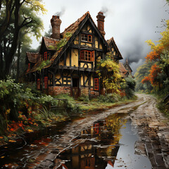 Fototapeta premium Idyllic Tudor-Style Cottage Nestled in a Forest with Red Flowers