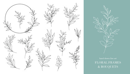 Greenery Line Art. Floral Frames and Bouquets Line Art. Fine Line Greenery Frames Hand Drawn Illustration. Hand Draw Outline Leaves. Botanical Coloring Page. Greenery Isolated