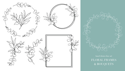 Eucalyptus Line Art. Floral Frames and Bouquets Line Art. Fine Line Eucalyptus Frames Hand Drawn Illustration. Hand Draw Outline Leaves and Flowers. Botanical Coloring Page. Eucalyptus Isolated