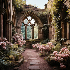 Gothic Abbey Ruins Adorned with Pink Hydrangeas