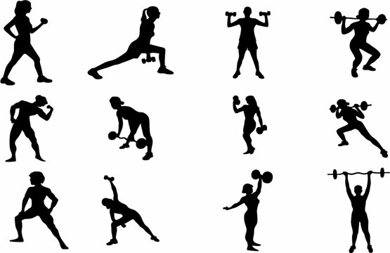 Sport women barbell dumbbells and modern creative fitness exercise symbols for fitness club, poster, banner or flyer designing. Editable vector, easy to change color or manipulate. eps 10.